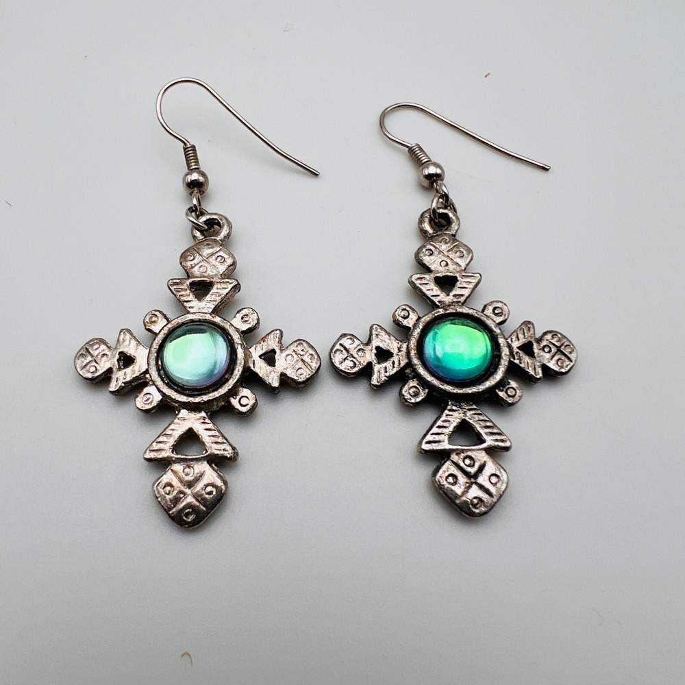 Cross Pierced Drop Earrings Iridescent Cabochon Silver Tone Boho Dangle